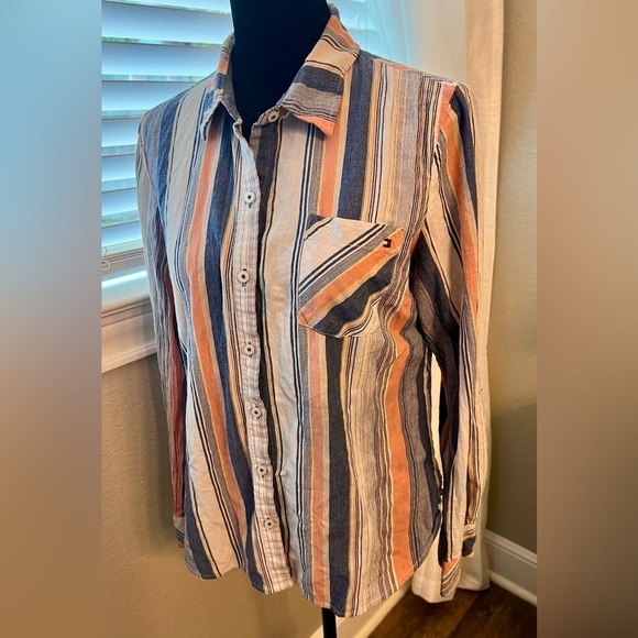Tommy Hilfiger ladies striped button down top. Blue, orange & cream colors. S‎ - Picture 1 of 10